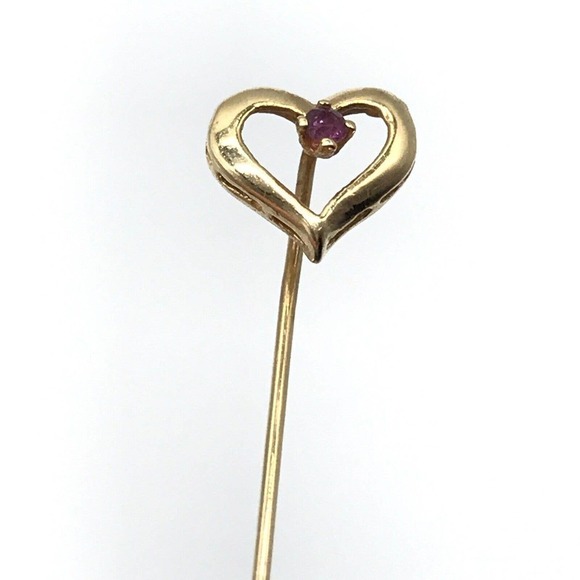 14K Solid Yellow Gold Vintage Ruby Stone Open Heart Love Themed Stick Pin - Picture 3 of 6